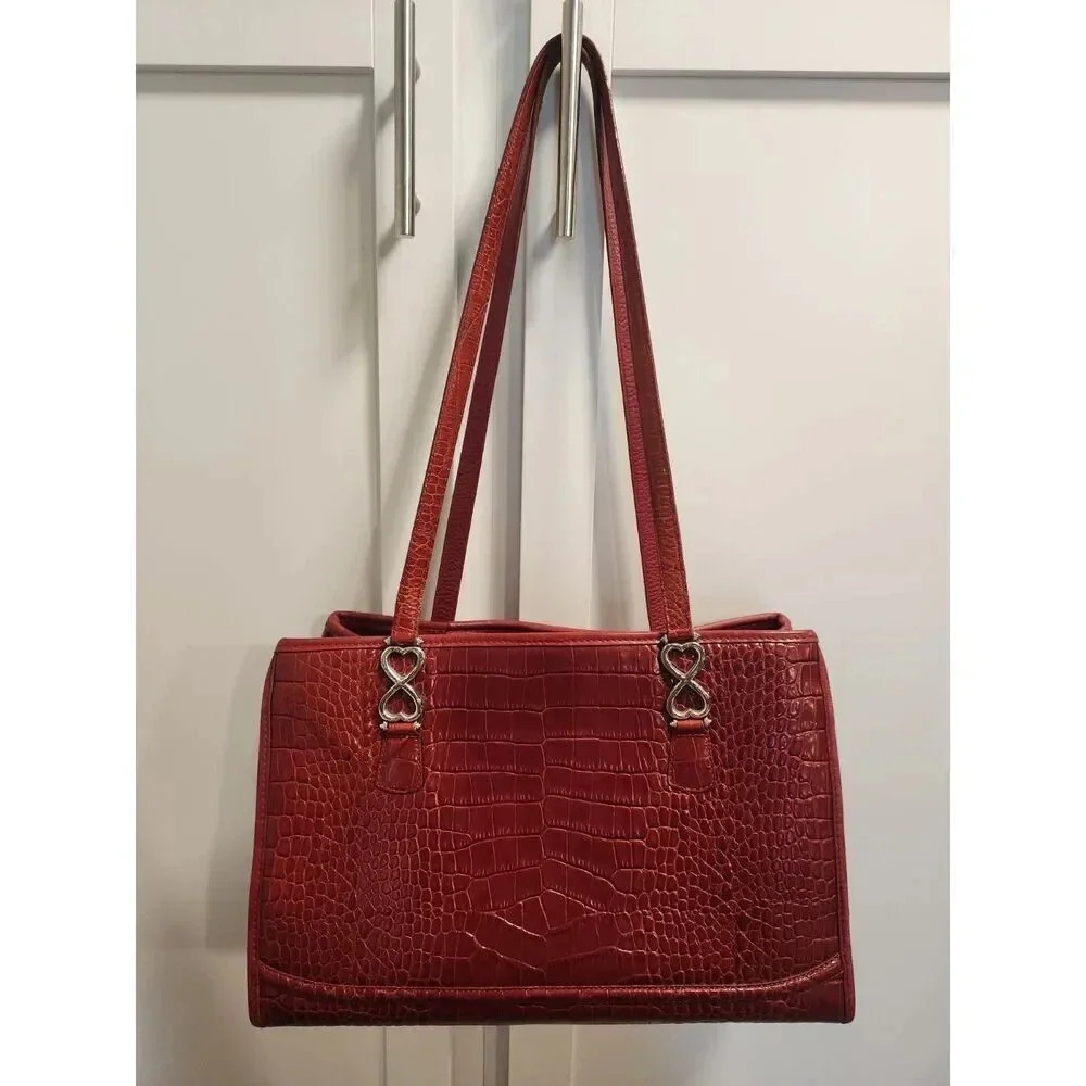 Vintage Brighton Croc Embossed Patent Double-Heart Structured Shoulder Bag